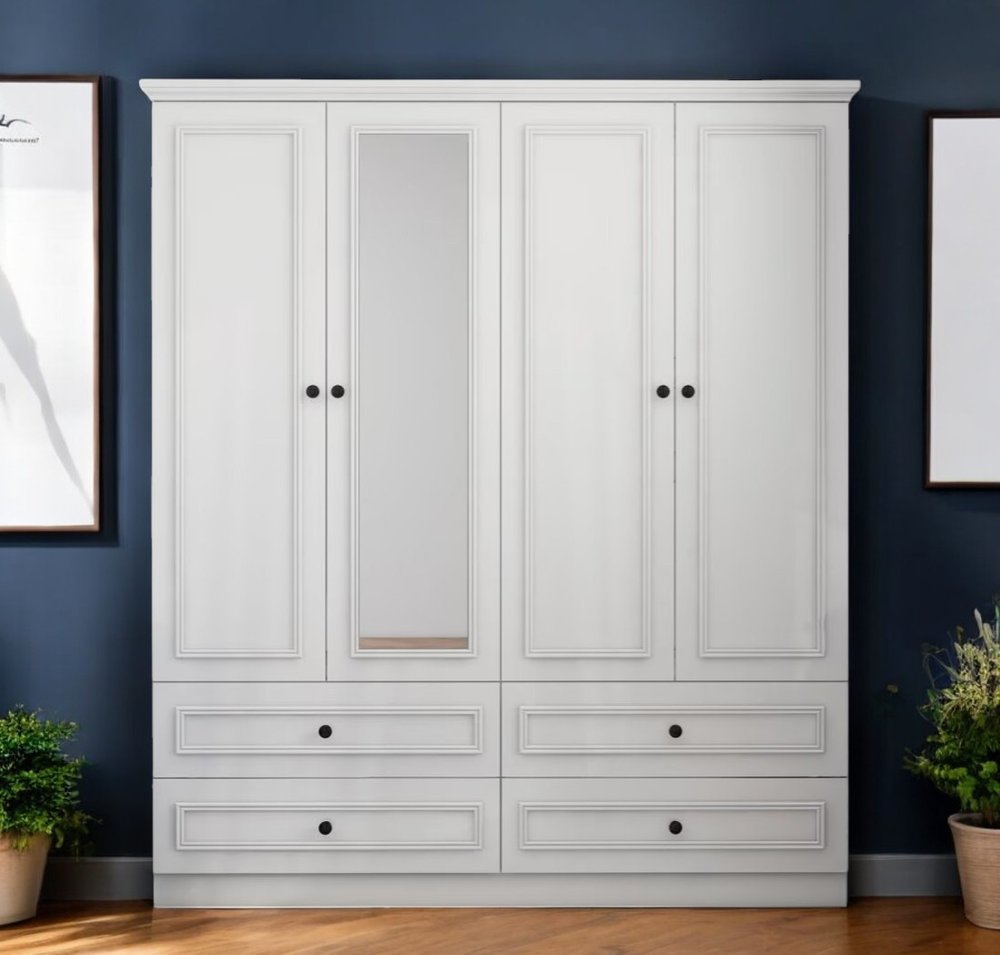 71" White Carved Geometric Mirrored Four Door Four Drawer Combo Dresser