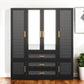 71" Black Gray And Gold Carved Geometric Mirrored Six Door Three Drawer Combo Dresser