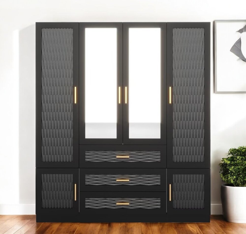 71" Black Gray And Gold Carved Geometric Mirrored Six Door Three Drawer Combo Dresser