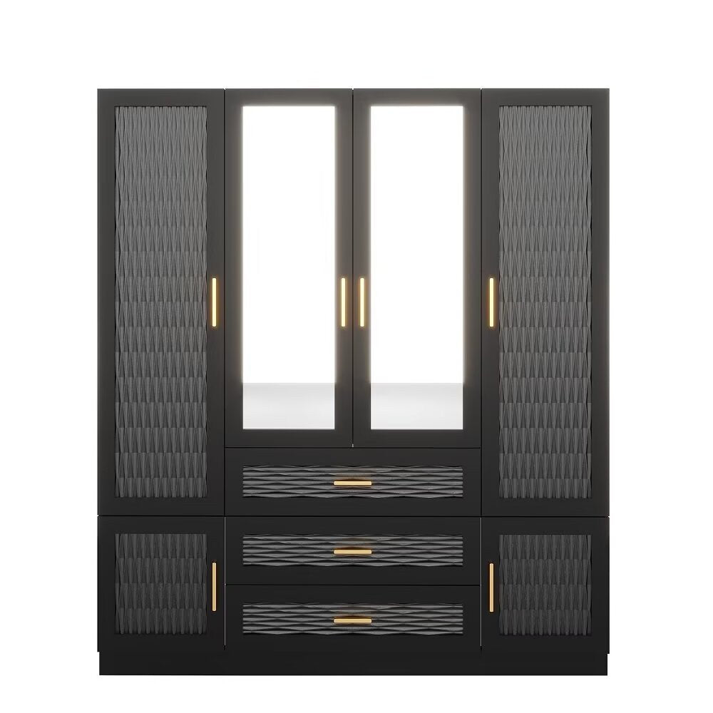 71" Black Gray And Gold Carved Geometric Mirrored Six Door Three Drawer Combo Dresser
