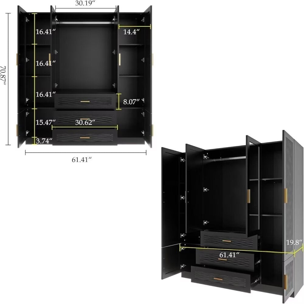 71" Black Gray And Gold Carved Geometric Mirrored Six Door Three Drawer Combo Dresser