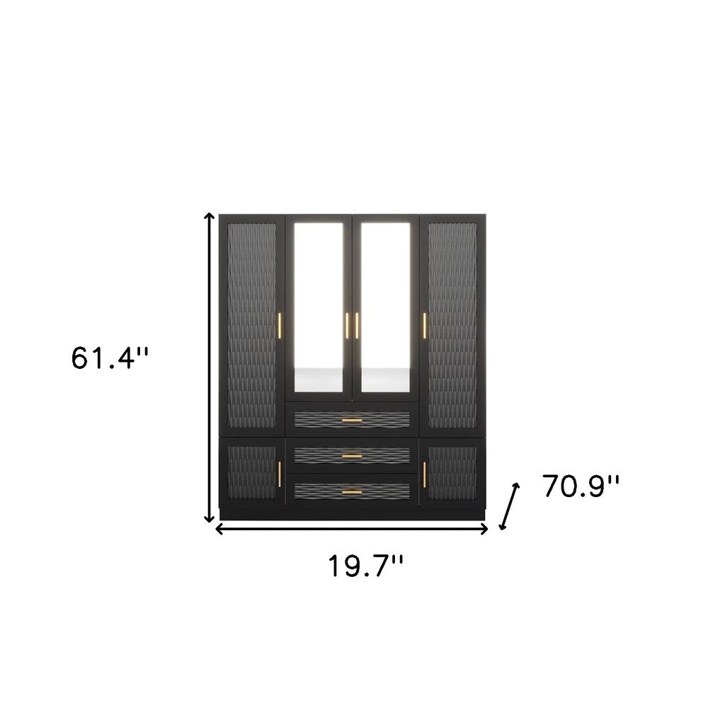 71" Black Gray And Gold Carved Geometric Mirrored Six Door Three Drawer Combo Dresser