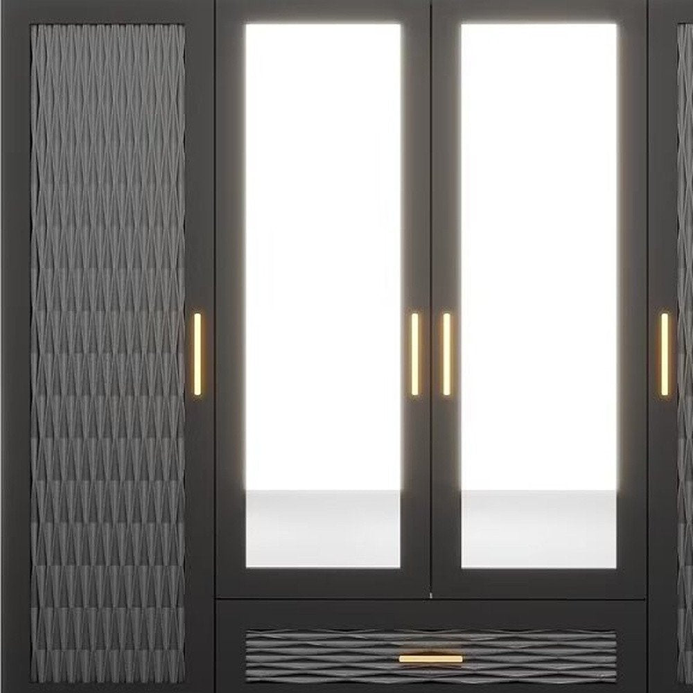 71" Black Gray And Gold Carved Geometric Mirrored Six Door Three Drawer Combo Dresser