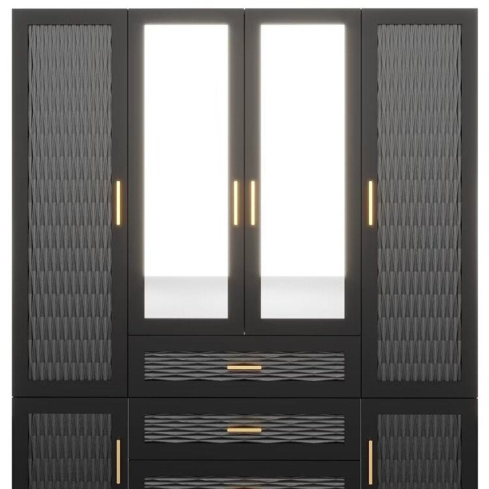 71" Black Gray And Gold Carved Geometric Mirrored Six Door Three Drawer Combo Dresser