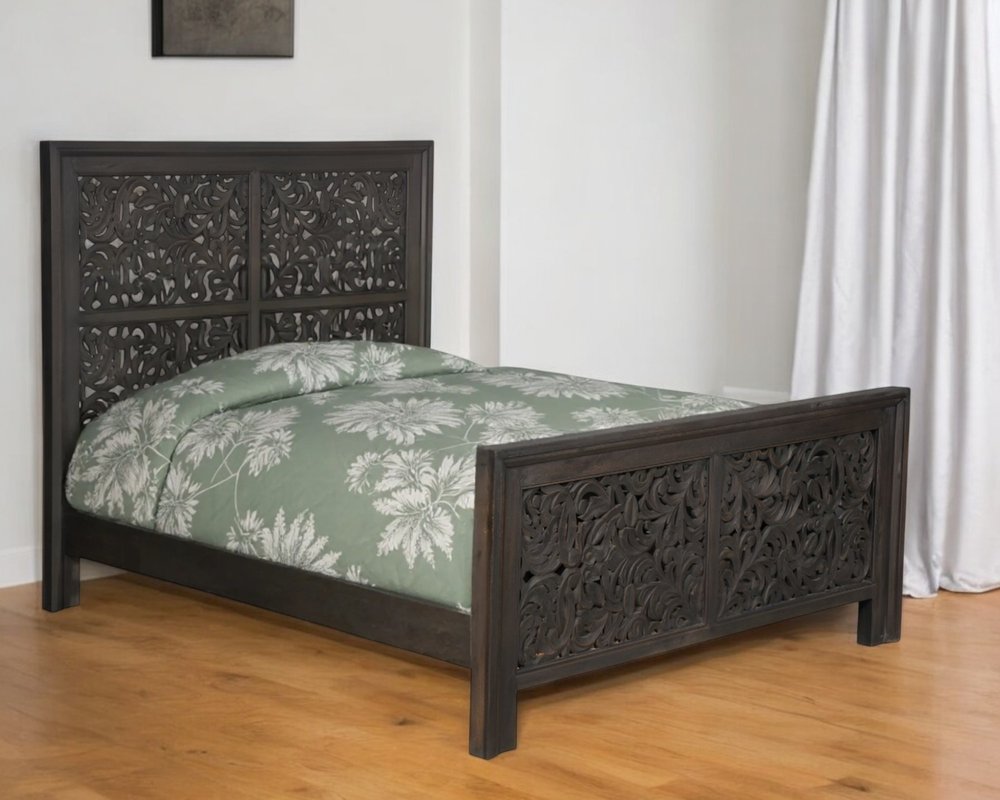Gray Carved Scrollwork Distressed Solid Wood Queen Bed Frame