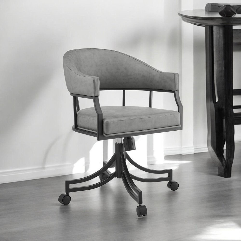 Gray And Black Upholstered Faux Leather Open Back Dining Arm Chair With Wheels