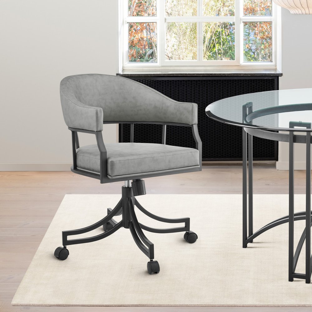 Gray And Black Upholstered Faux Leather Open Back Dining Arm Chair With Wheels
