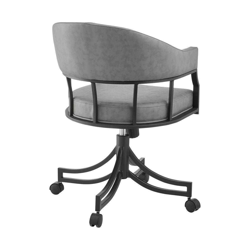 Gray And Black Upholstered Faux Leather Open Back Dining Arm Chair With Wheels