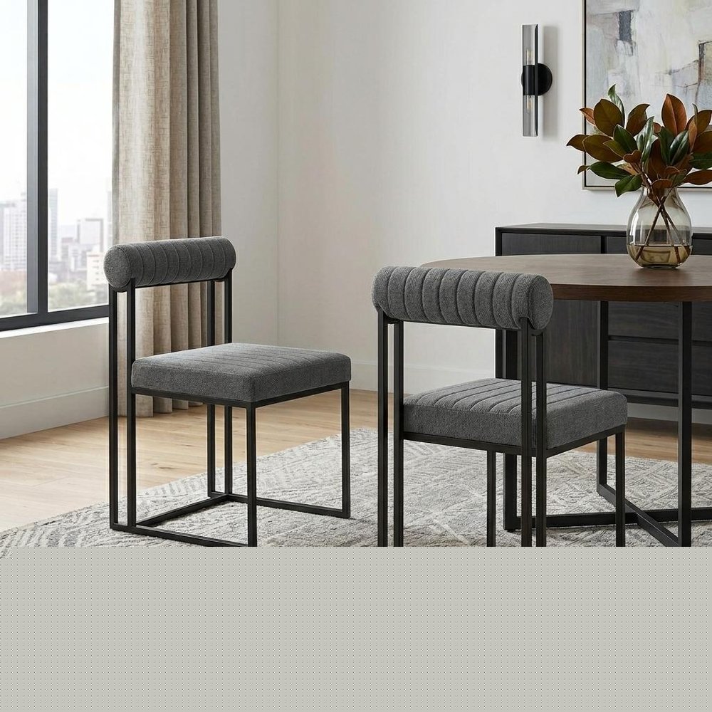 Set of Two Gray And Black Upholstered Polyester Open Back Dining Side Chairs