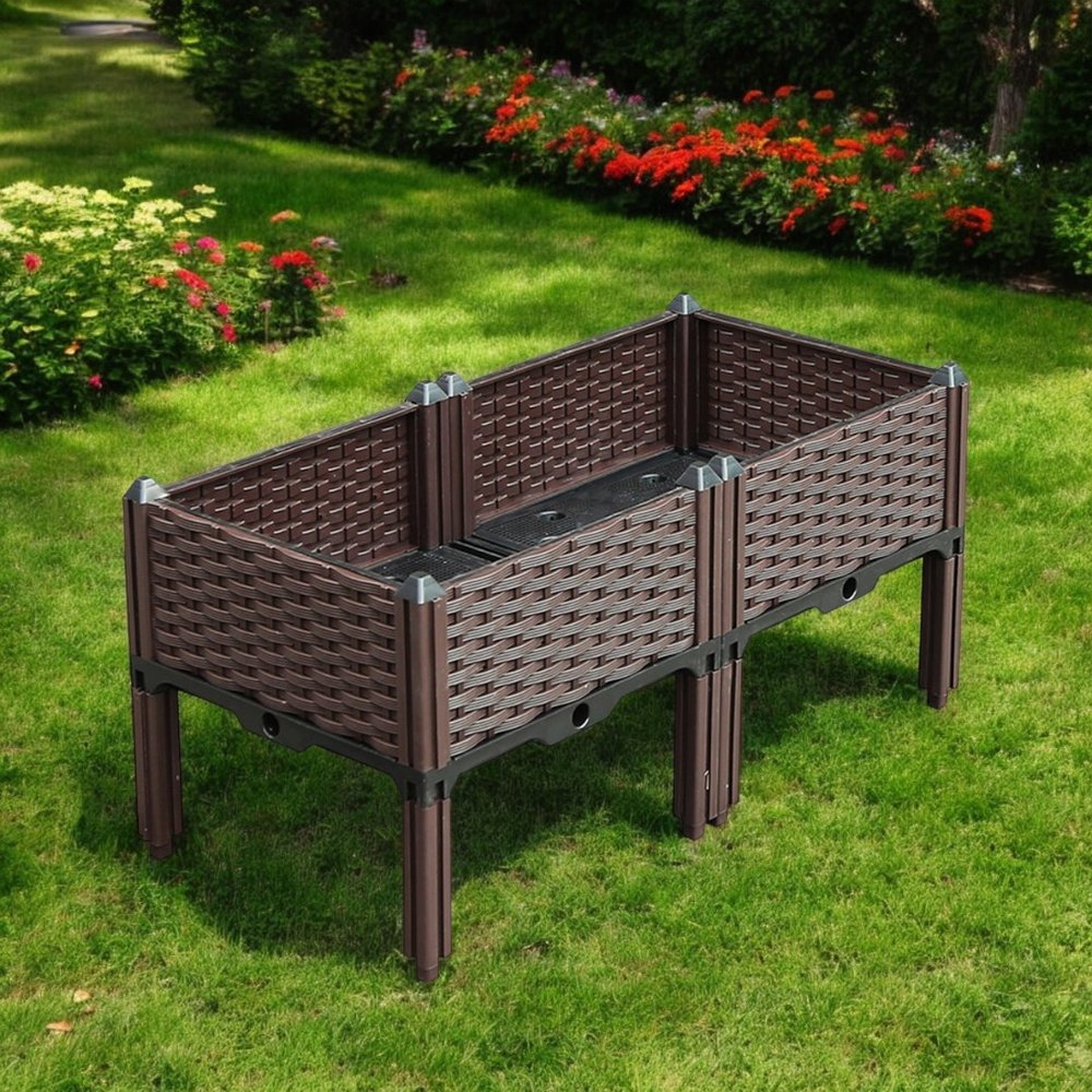 32" X 16" Dark Brown Heavy Duty Plastic Rectangular Self Watering Raised Garden Bed