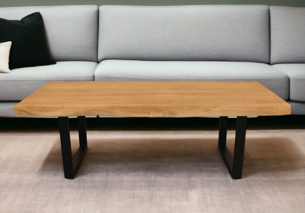 59" Natural And Black Solid Wood And Iron Live Edge Coffee Table