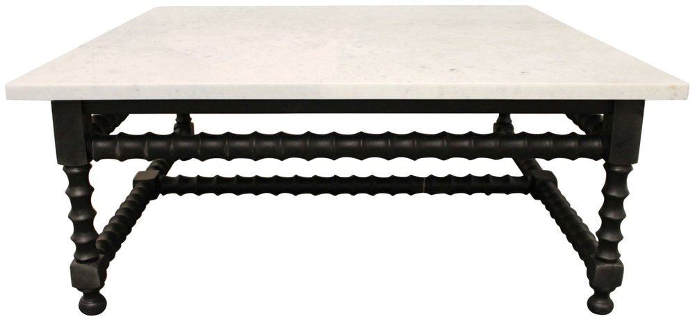48" White And Black Genuine Marble And Solid Wood Square Coffee Table