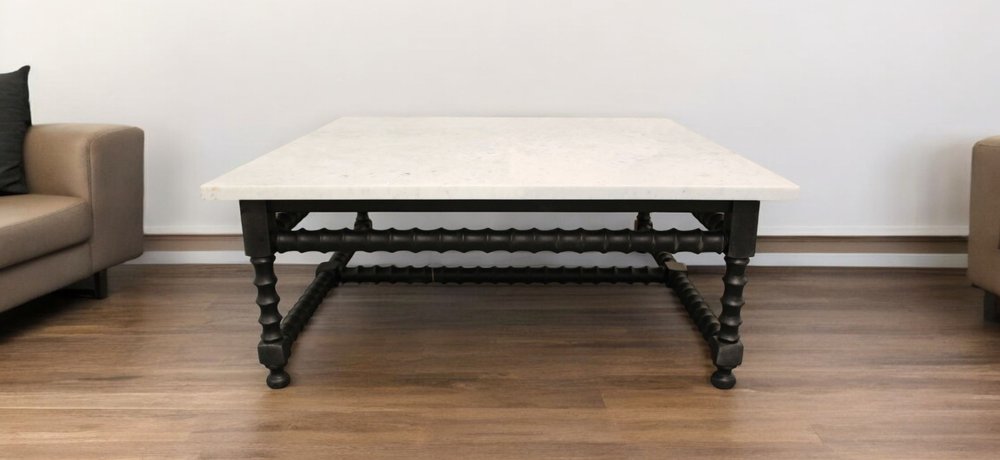 48" White And Black Genuine Marble And Solid Wood Square Coffee Table