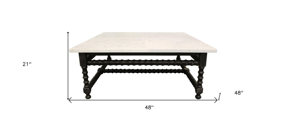 48" White And Black Genuine Marble And Solid Wood Square Coffee Table