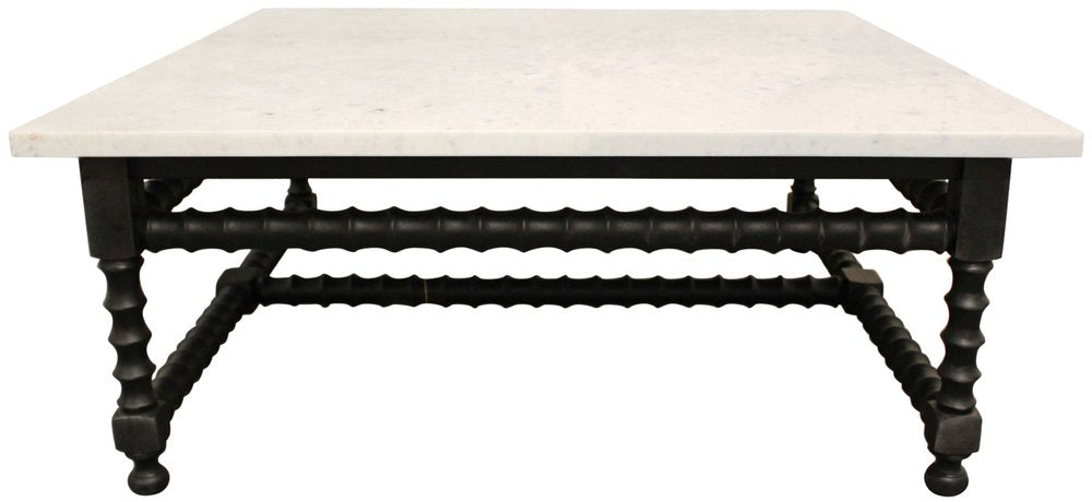 48" White And Black Genuine Marble And Solid Wood Square Coffee Table