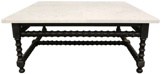 48" White And Black Genuine Marble And Solid Wood Square Coffee Table