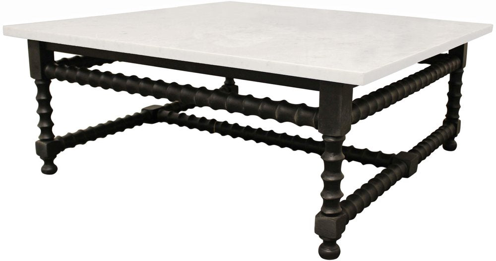 48" White And Black Genuine Marble And Solid Wood Square Coffee Table
