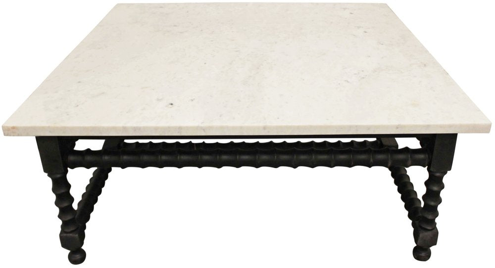 48" White And Black Genuine Marble And Solid Wood Square Coffee Table