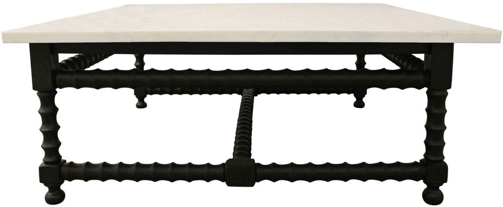 48" White And Black Genuine Marble And Solid Wood Square Coffee Table