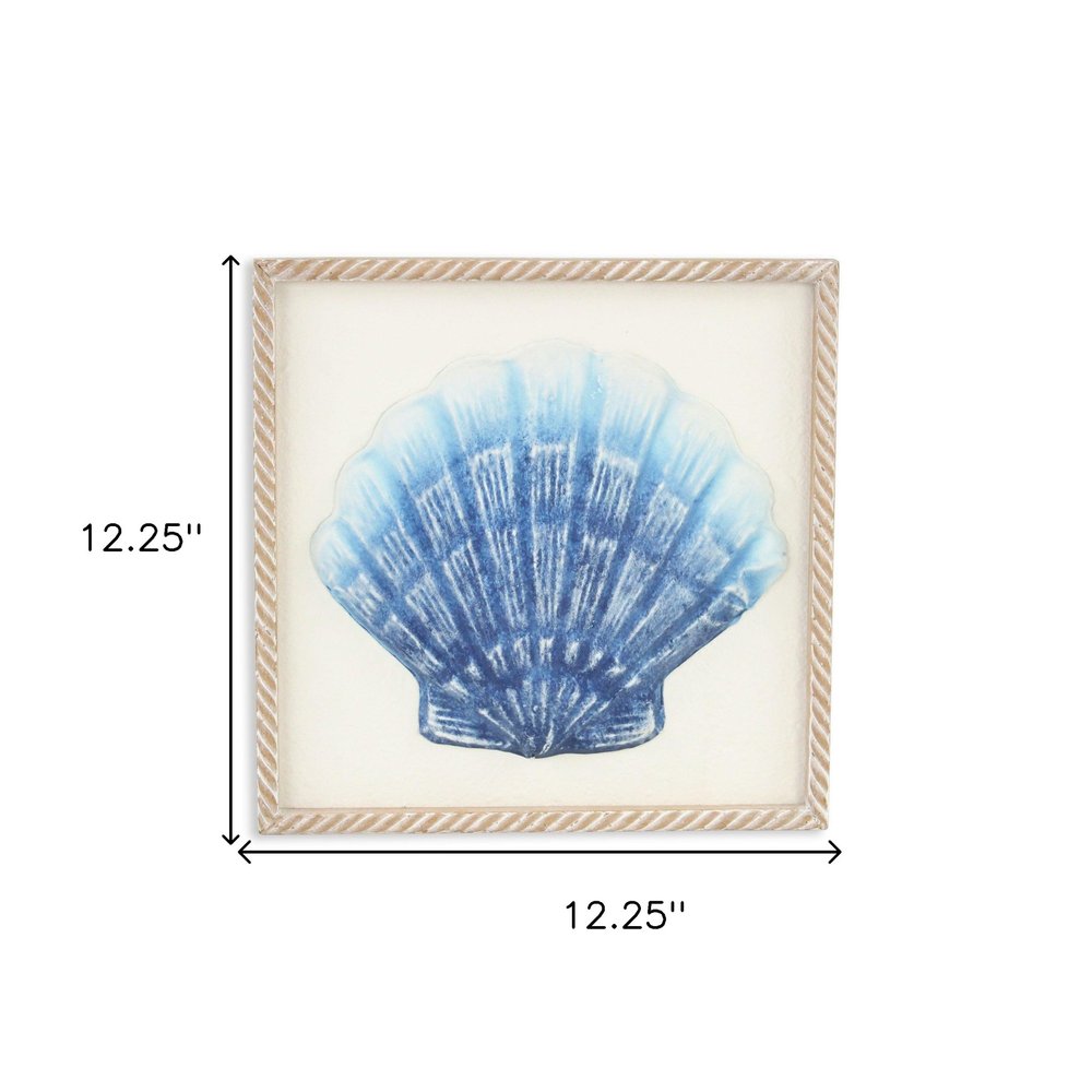 Blue and White Distressed Metal Sea Shell Brown Frame Wall Art