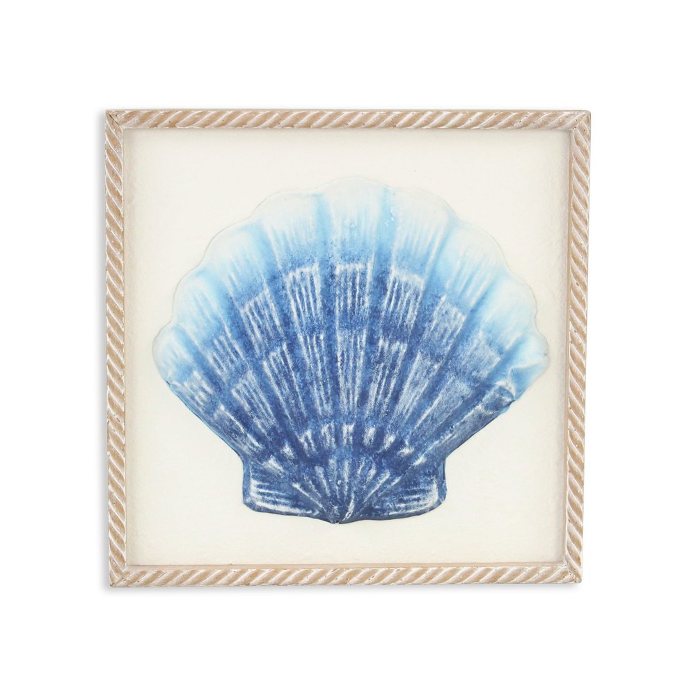 Blue and White Distressed Metal Sea Shell Brown Frame Wall Art