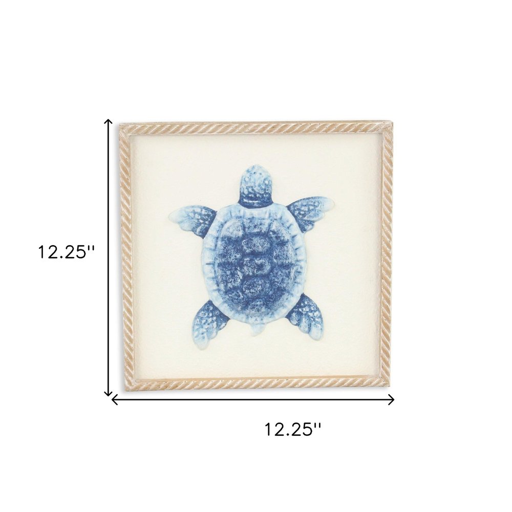 Blue and White Distressed Metal Sea Turtle Brown Frame Wall Art