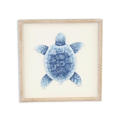 Blue and White Distressed Metal Sea Turtle Brown Frame Wall Art