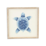 Blue and White Distressed Metal Sea Turtle Brown Frame Wall Art