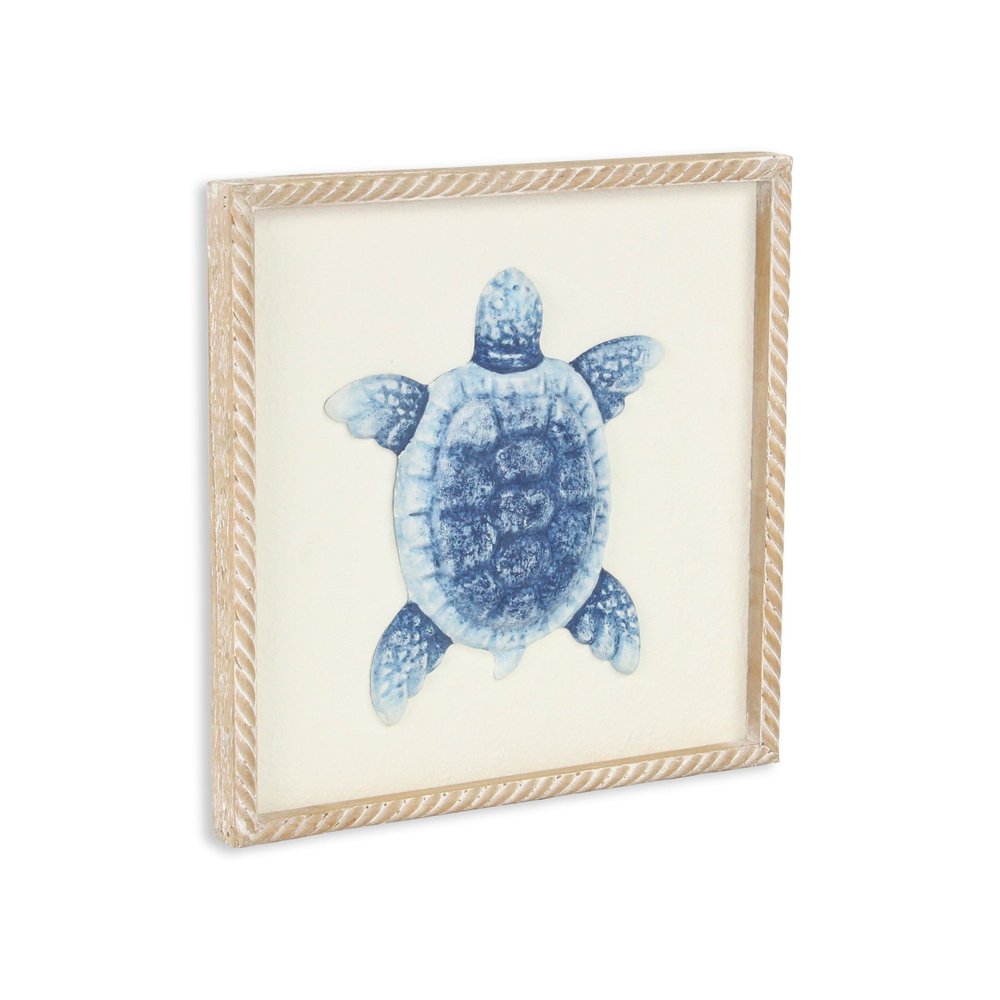 Blue and White Distressed Metal Sea Turtle Brown Frame Wall Art