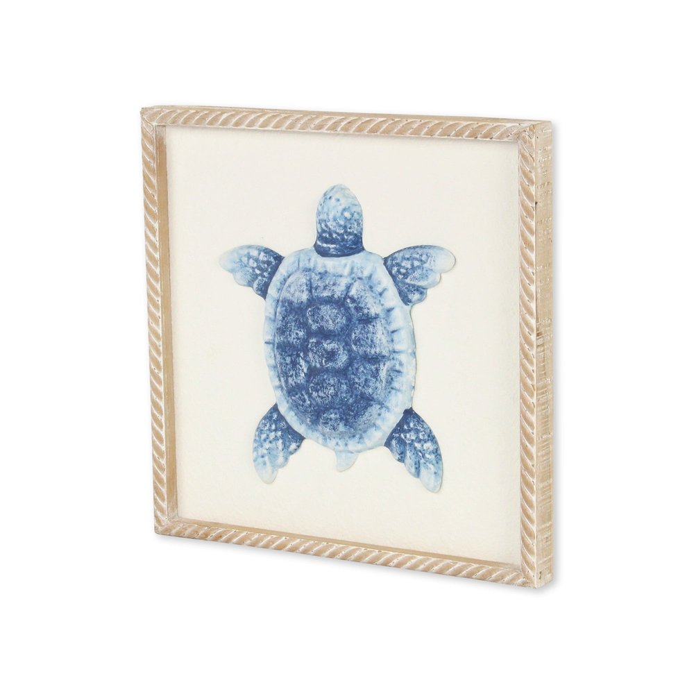 Blue and White Distressed Metal Sea Turtle Brown Frame Wall Art