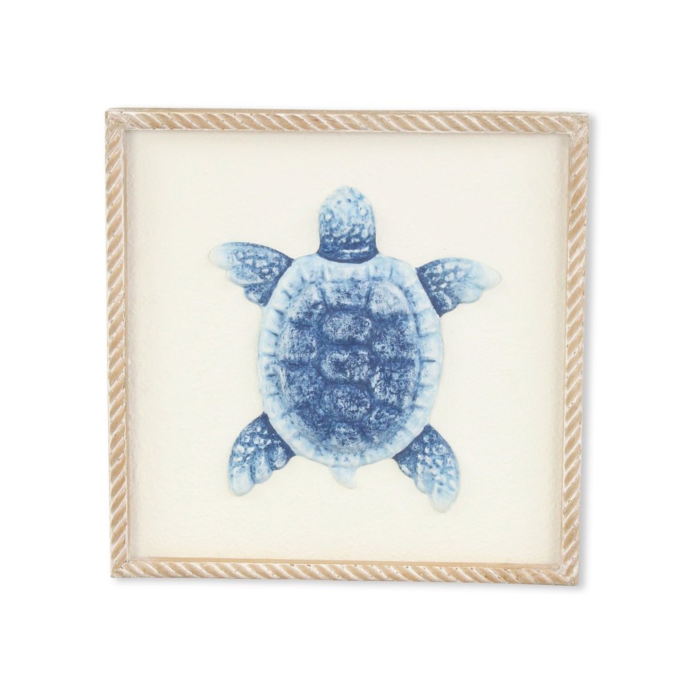 Blue and White Distressed Metal Sea Turtle Brown Frame Wall Art