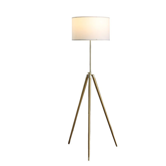 Gold Metal Adjustable Tripod Floor Lamp With White Linen Drum Shade