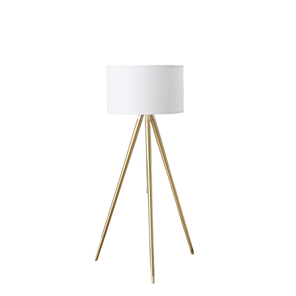 Gold Metal Adjustable Tripod Floor Lamp With White Linen Drum Shade