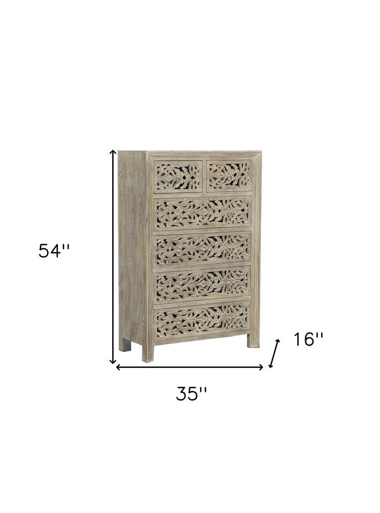 35" Gray Carved Floral Solid Wood Six Drawer Dresser