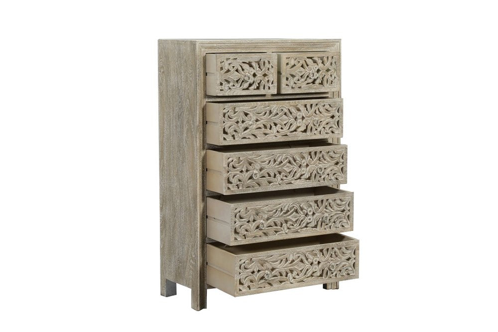 35" Gray Carved Floral Solid Wood Six Drawer Dresser