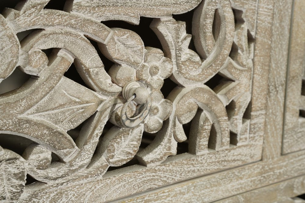 35" Gray Carved Floral Solid Wood Six Drawer Dresser