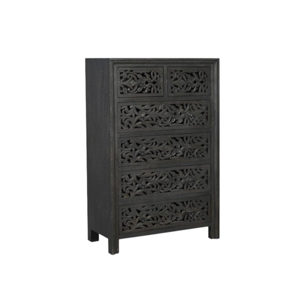 35" Black Carved Floral Solid Wood Six Drawer Dresser