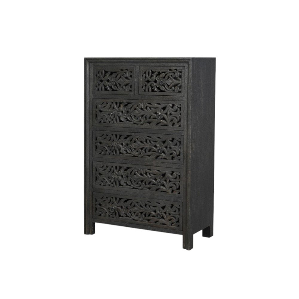 35" Black Carved Floral Solid Wood Six Drawer Dresser