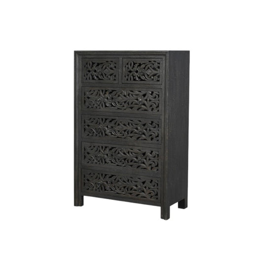 35" Black Carved Floral Solid Wood Six Drawer Dresser