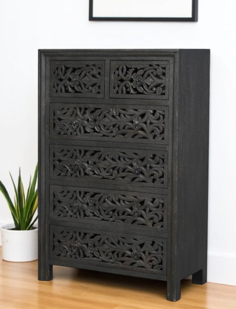 35" Black Carved Floral Solid Wood Six Drawer Dresser