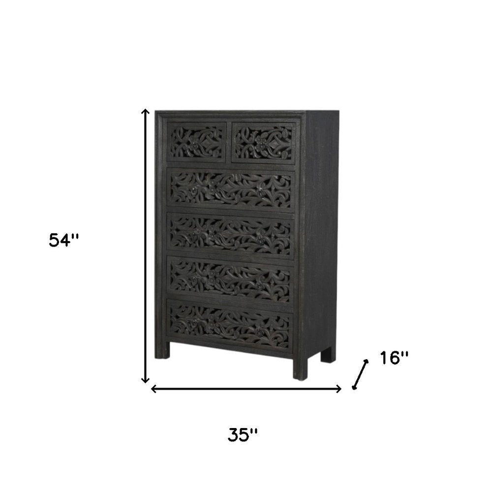 35" Black Carved Floral Solid Wood Six Drawer Dresser