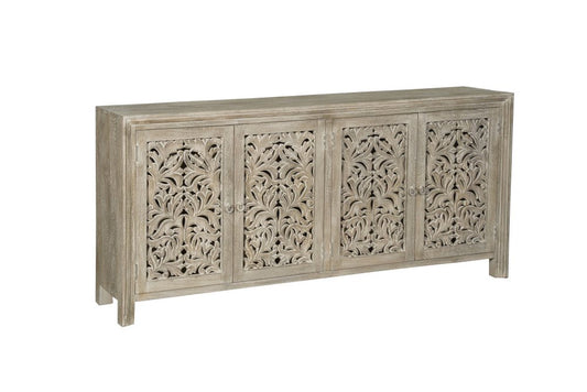 78" Gray Distressed Solid Wood Carved Floral Sideboard with Four Doors
