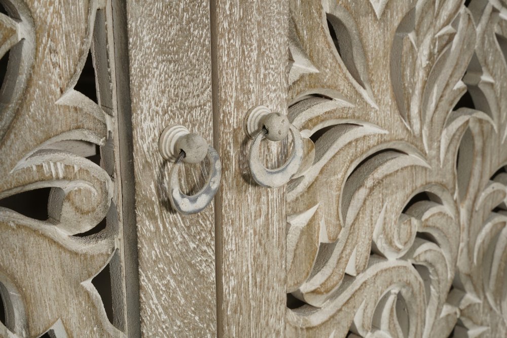 78" Gray Distressed Solid Wood Carved Floral Sideboard with Four Doors
