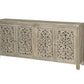78" Gray Distressed Solid Wood Carved Floral Sideboard with Four Doors