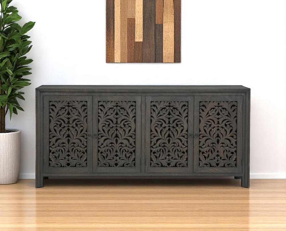 78" Black Distressed Solid Wood Carved Floral Sideboard with Four Doors