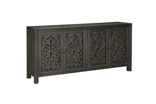 78" Black Distressed Solid Wood Carved Floral Sideboard with Four Doors