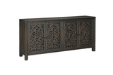 78" Black Distressed Solid Wood Carved Floral Sideboard with Four Doors