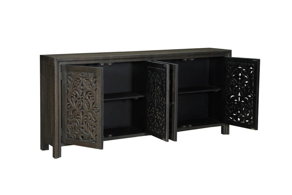 78" Black Distressed Solid Wood Carved Floral Sideboard with Four Doors