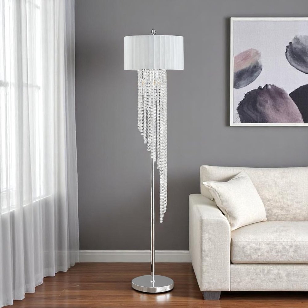66" Clear And Silver Crystal And Metal Floor Lamp With White Linen Drum Shade
