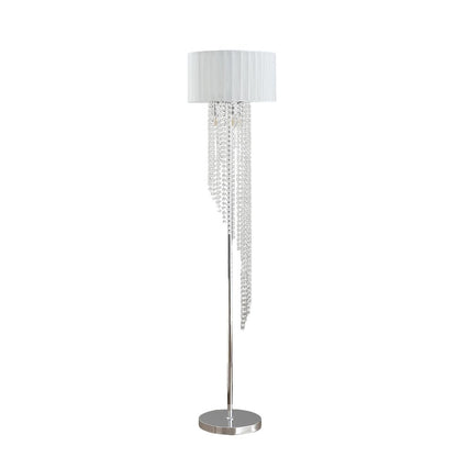 66" Clear And Silver Crystal And Metal Floor Lamp With White Linen Drum Shade